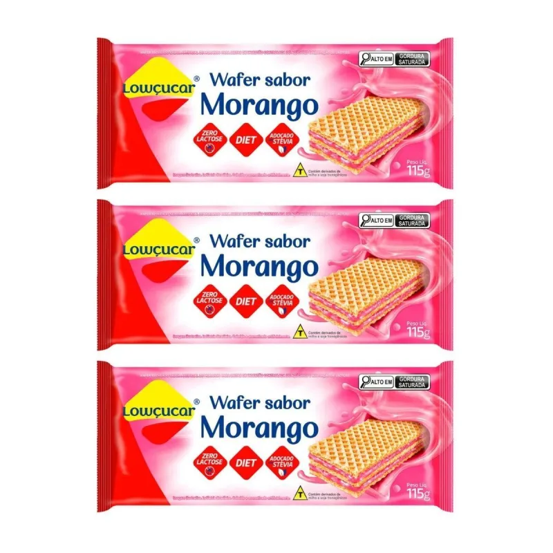 Kit 3 Wafer Diet Zero Lactose Açucar Morango 115g Lowçucar - Não Informado - Mercearia