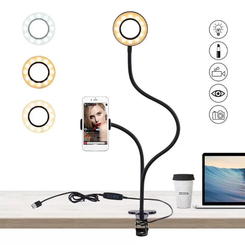 Ring Light Mesa 2 em 1 com Suporte Celular Maquiagem Selfie Live Make Abajur Luminária 618