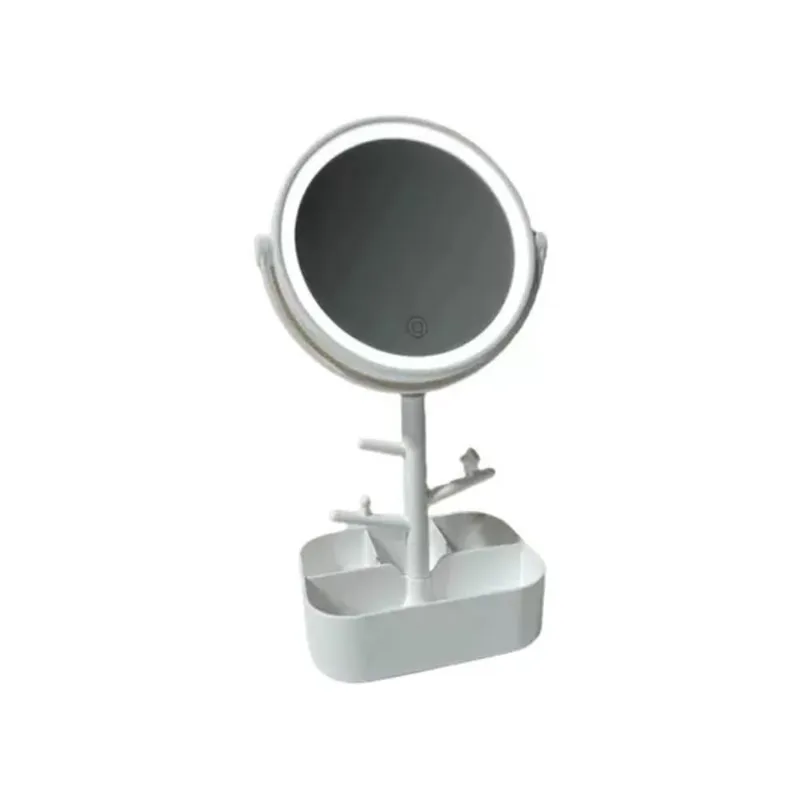 Espelho Maquiagem Com LED Redondo Mesa Suporte Porta Bijuteria USB Branco 893