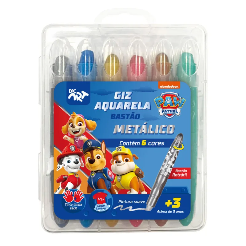 Giz Aquarela Bastão Retrátil Patrulha Canina Dac Art 3+ Anos Metálico Com 6 Cores Sortidas