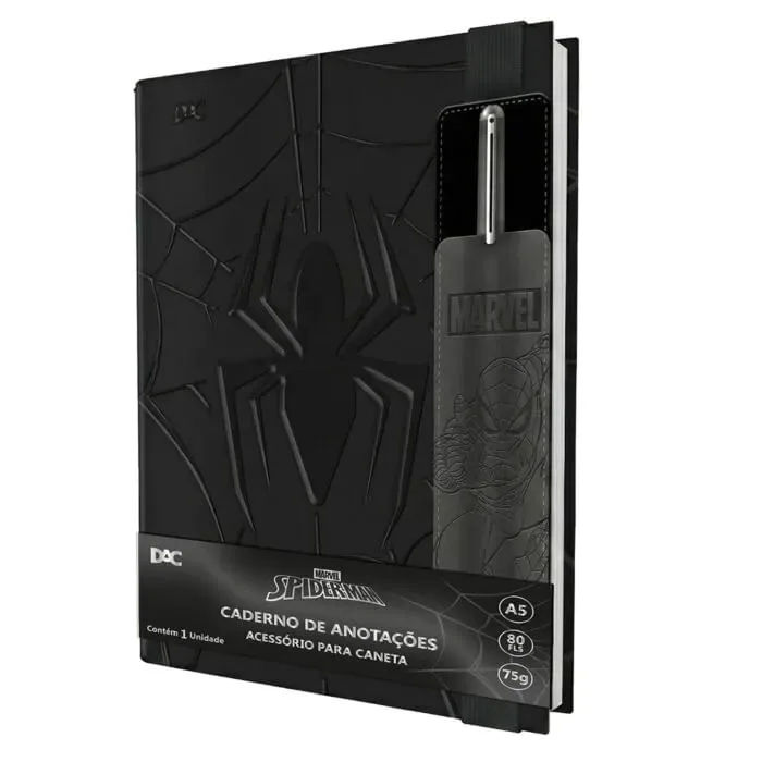 Caderno De Anotações A4 Spiderman Black Com Porta Caneta - LC - Papelaria