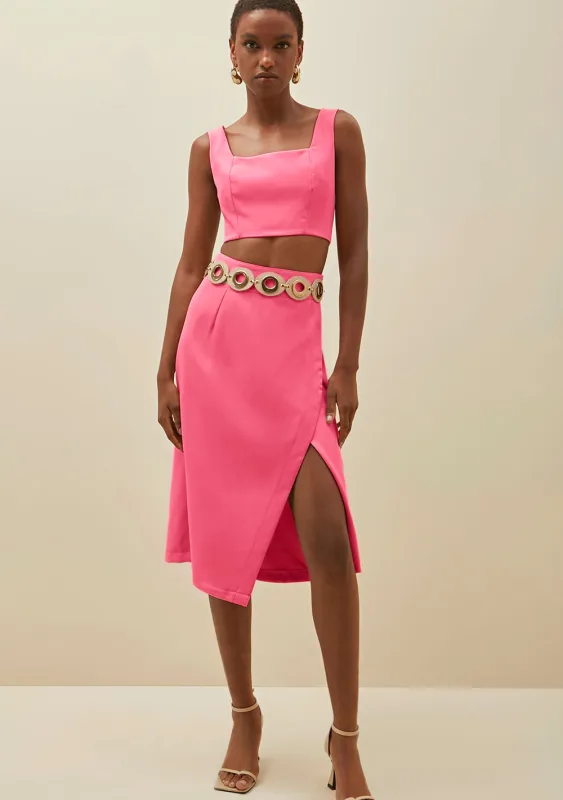 Saia Morena Rosa Midi Alfaiataria Com Transpasse Pink - Morena Rosa
