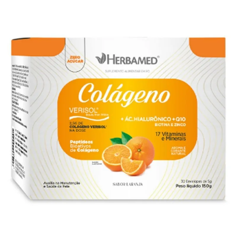 Colágeno Verisol + Ac Hialuronico + Q10 + 17 Vitaminas E Minerais Com 30 Envelopes 5g Laranja 150g Herbamed