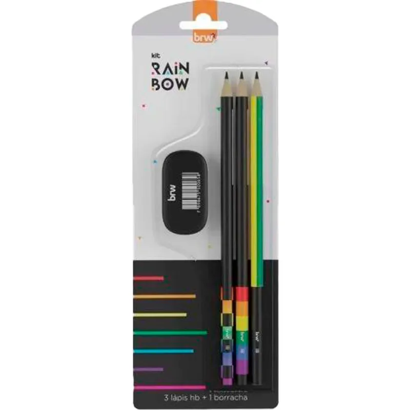 Kit Escolar 3 Lápis E 1 Borracha Rainbow BRW (MP)