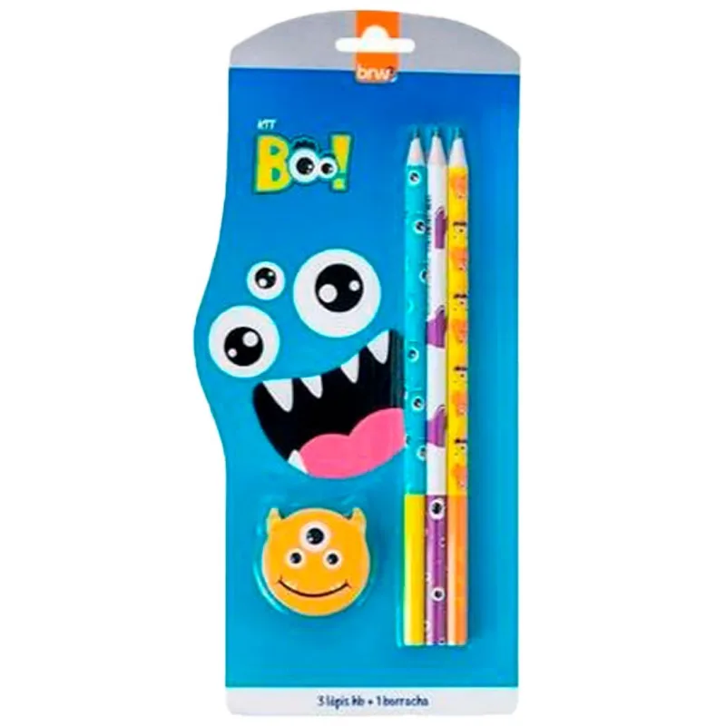 Kit Escolar 3 Lápis E 1 Borracha Monster BRW (MP)
