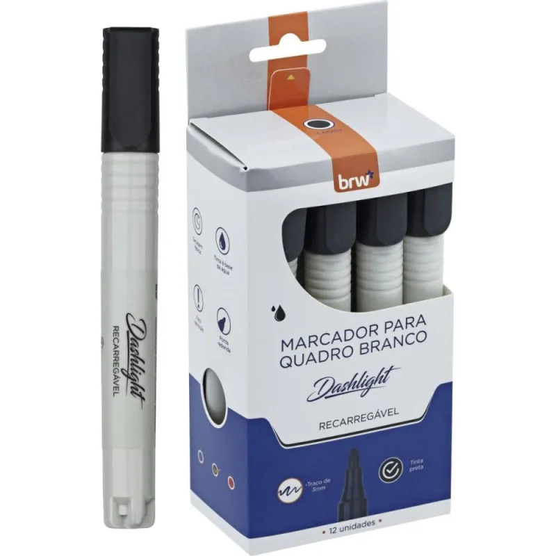 Pincel Quadro Branco Dashligth Recarregavel Preto CX.C/12 - BRW