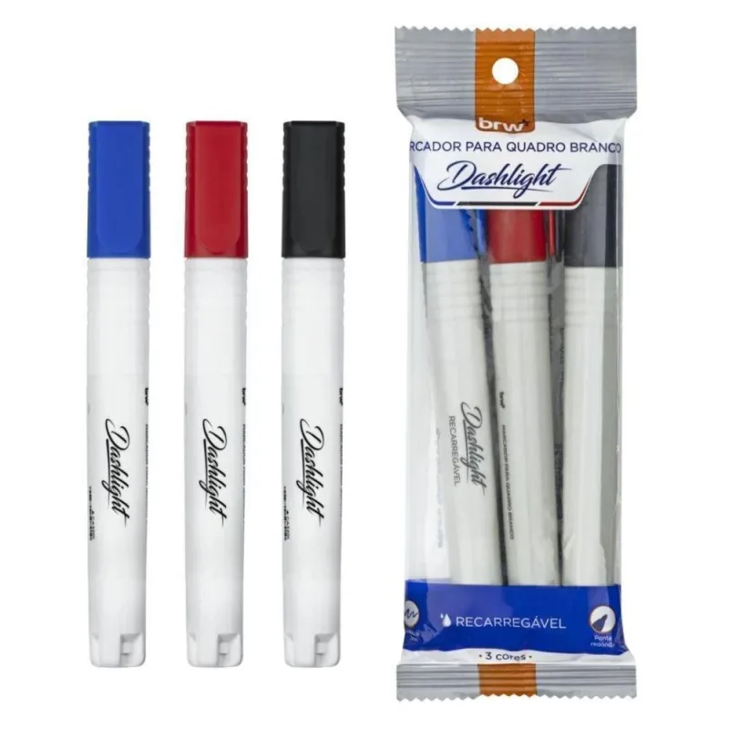 Kit Marcador Quadro Branco 3 Cores Recarregável Dashlight Brw - BRW