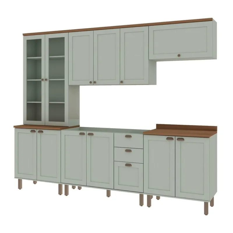 Cozinha Completa Iluminata 12 Portas 4 Gavetas MDF MDP 280CM Verde Mint e Ébano Genialflex - genialflex