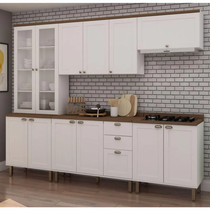Cozinha Completa Iluminata 12 Portas 4 Gavetas MDF-MDP 280CM Branco com Ébano Genialflex - genialflex