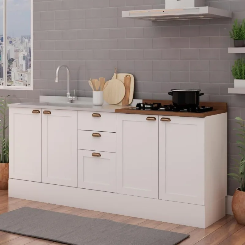 Cozinha 100% Mdf Modulada Iluminata Com Balcão Para Cooktop Branco - Genialflex
