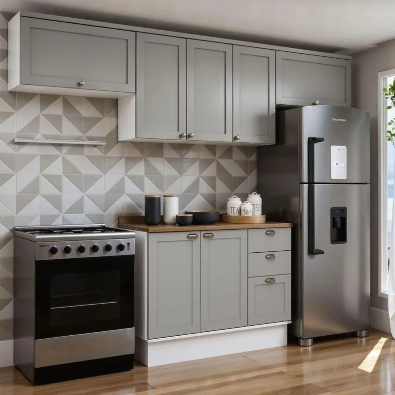 Cozinha Completa Iluminata 4 Módulos 7 Portas 3 Gavetas MDF 280CM Branco e Fendi - genialflex