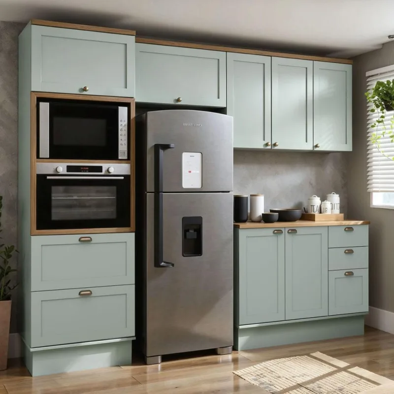 Cozinha Completa Iluminata 8 Portas 4 Gavetas MDF 270CM Verde Mint e Ébano - genialflex