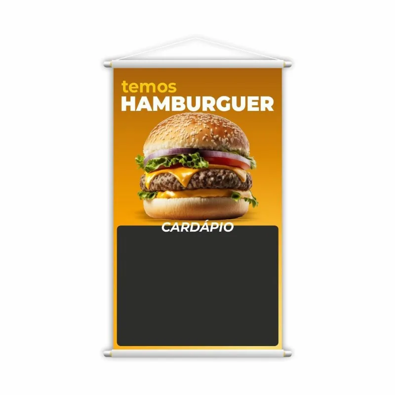 Banner Temos Hambúrguer Lanche Cardápio Fundo Preto 80x50cm