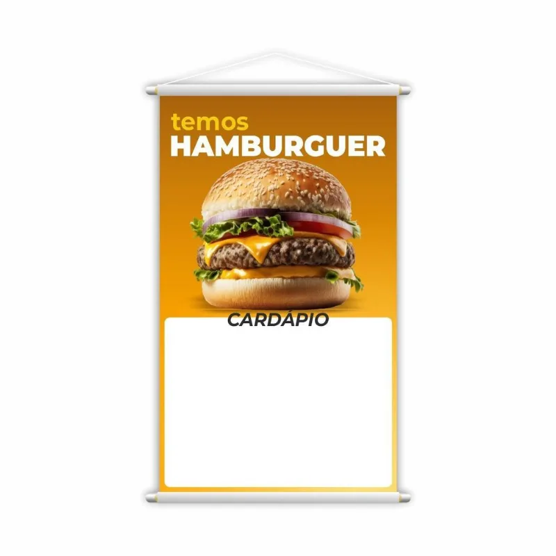 Banner Temos Hambúrguer Lanche Cardápio Fundo Branco 80x50cm
