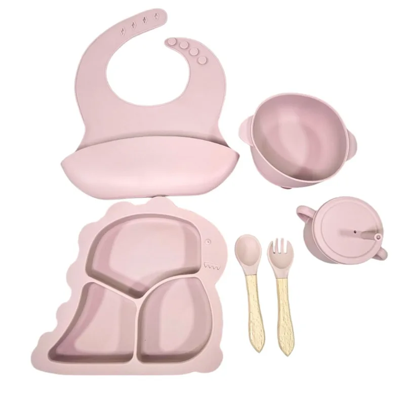 Kit Introdução Alimentar Bebê 6 Peças Rosa Dino - hk Baby
