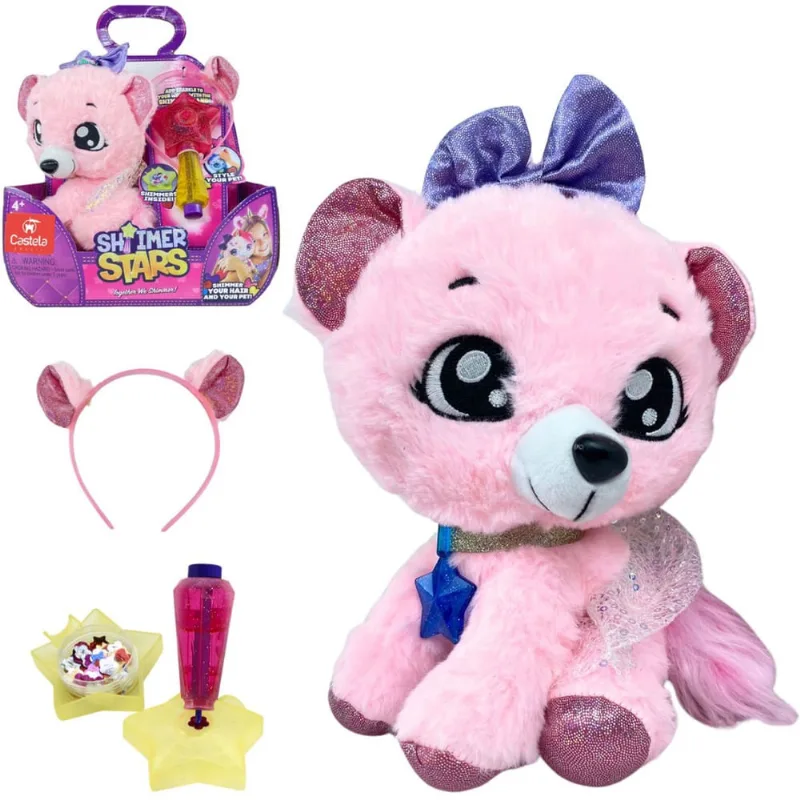 Pelúcia Cachorrinho Rosa com Varinha Aplicadora de Brilho e Tiara Combinando Castela