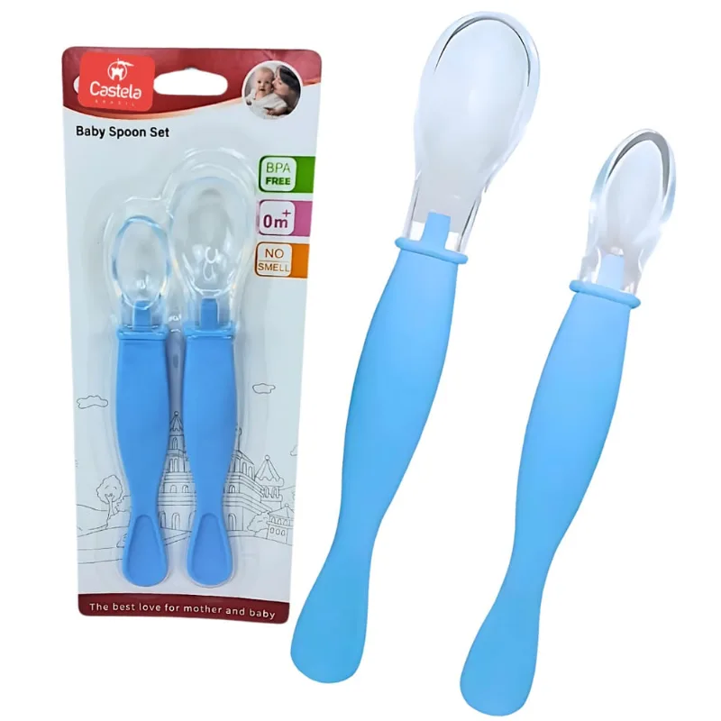 Kit 2 Colheres Anatômica Bebê Azul Silicone Castela