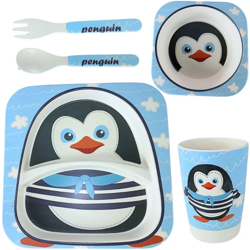 Kit Refeição Infantil Animal Pinguim Fibra de Bambu Castela