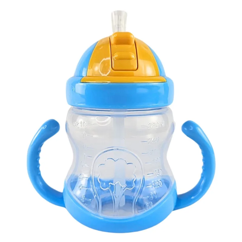 Copo Garrafinha Infantil Com Canudo Silicone 280Ml Azul Castela