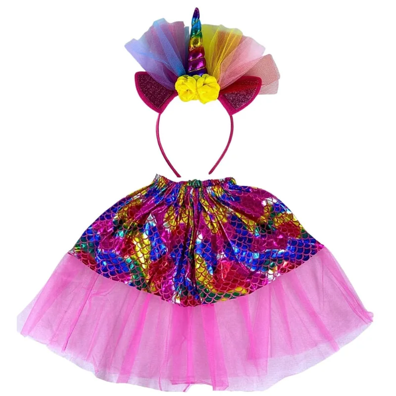 Kit Fantasia Infantil Unicornio com Tiara Festa Criança Castela