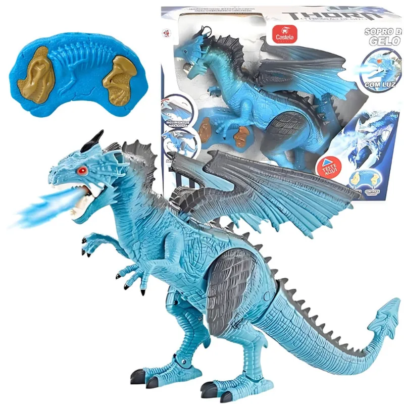 Dragão Azul Controle Remoto Anda c/ Luz Som E Solta Fumaça Castela