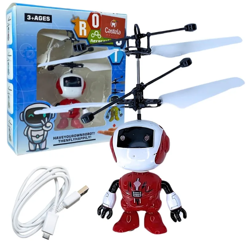 Robozinho Vermelho Brinquedo Voador Sensor De Mão Luz Robô Voa Castela