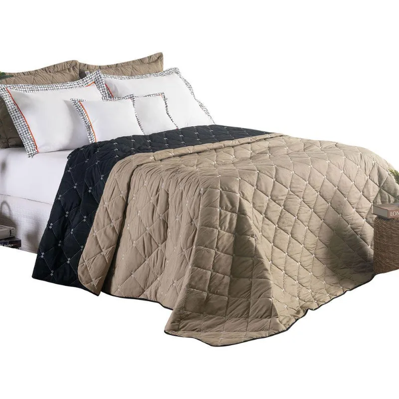 Kit 7 Pçs Cobre Leito Casal Queen Renove Hipercal 400 Fios Dupla Face Bordado Cáqui E Preto