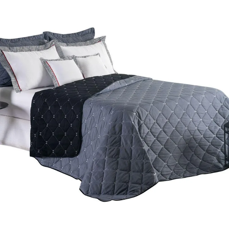 Kit 7 Pçs Cobre Leito Casal Queen Renove Hipercal 400 Fios Dupla Face Bordado Cinza E Preto