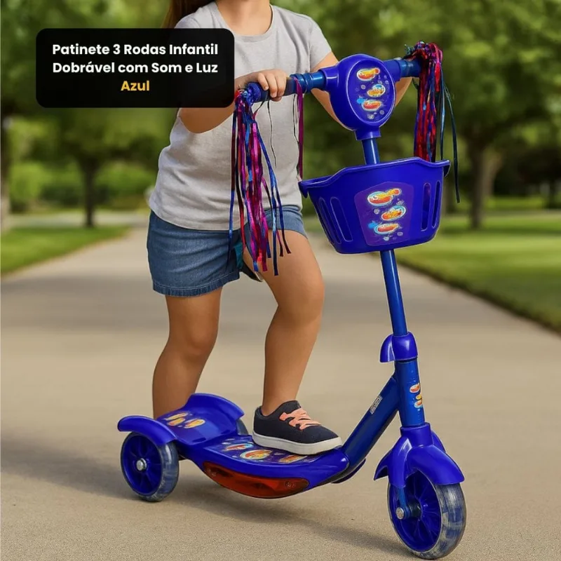 Patinete 3 Rodas Infantil Dobrável com Som e Luz - Azul