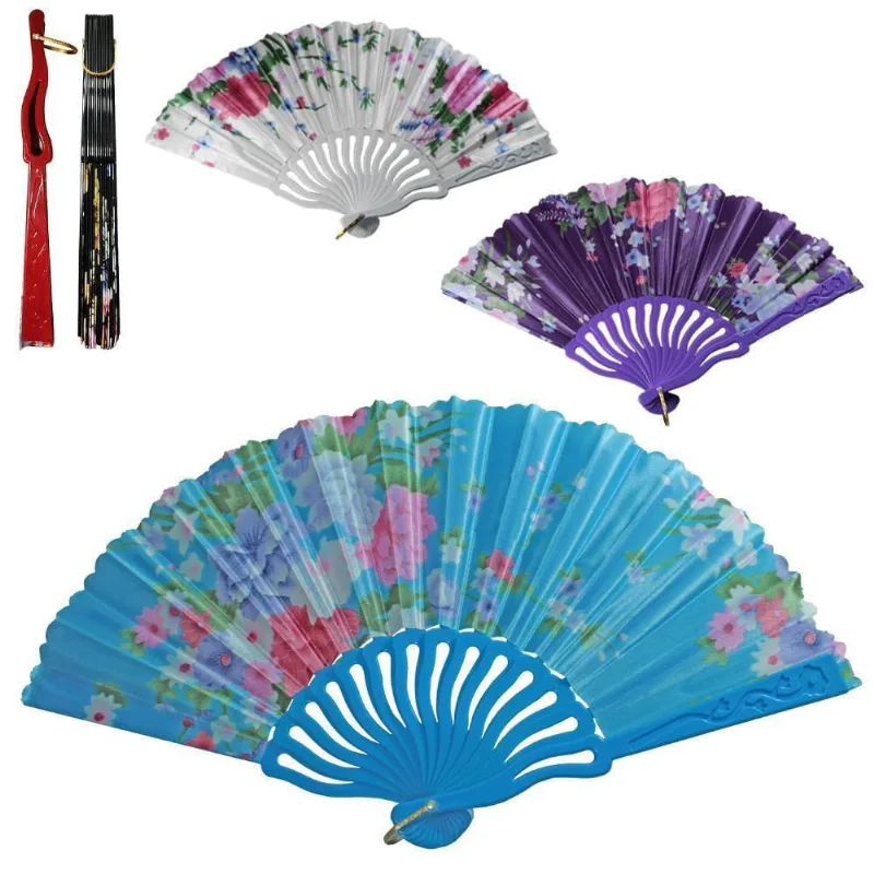 Leque De Plastico / Tecido Estampado Flor Base Colors 23Cm