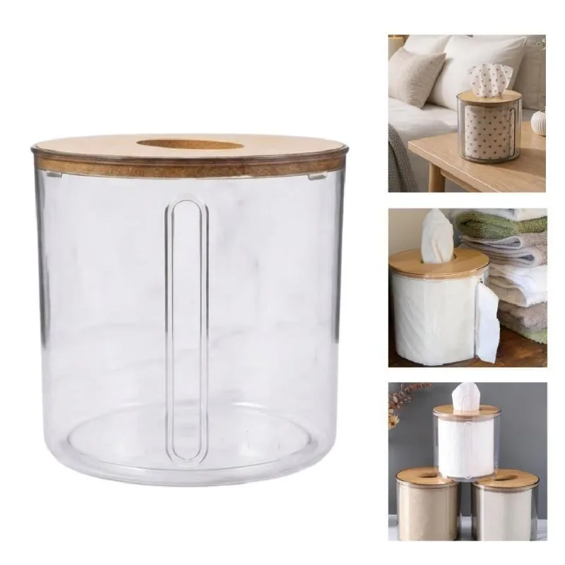Porta Papel Higiênico Acrílico e Bambu Redondo com Tampa para Banheiro Transparente