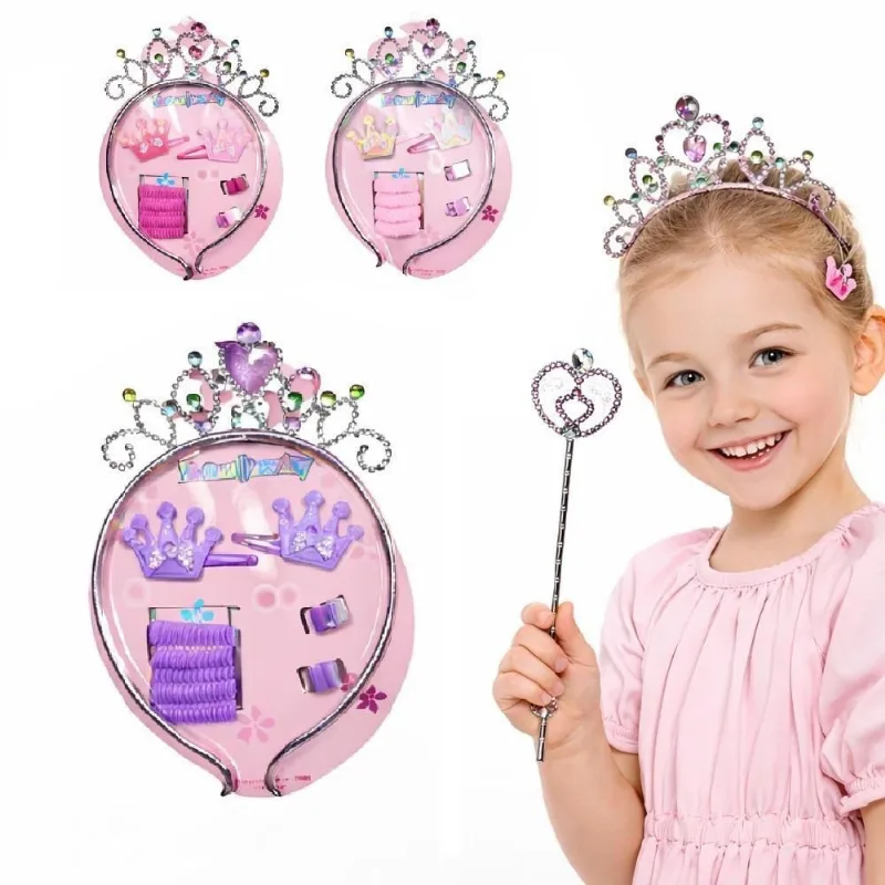 Kit Acessório Princesa Infantil Tiara Coroa Varinha Mágica Pressilhas Prendedores Xuxinhas Festa