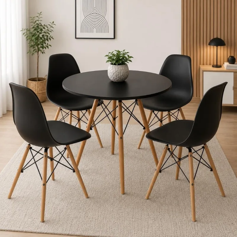 Conjunto Mesa Eiffel Redonda 90cm + 4 Cadeiras Eiffel Pretas - Decoreshop