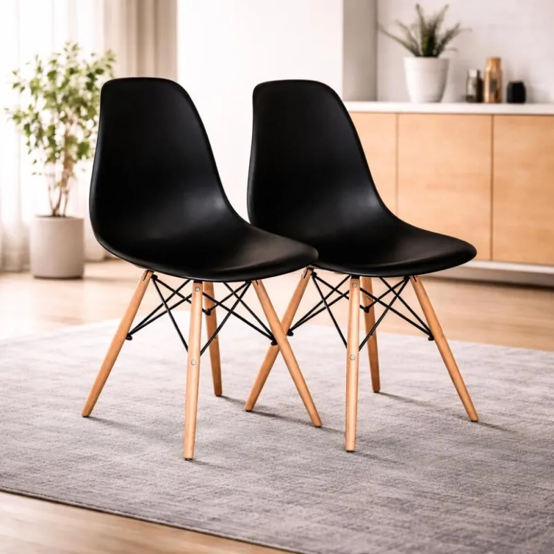 Kit com 2 Cadeiras Charles Eames Eiffel Pretas Base de Madeira - Decoreshop