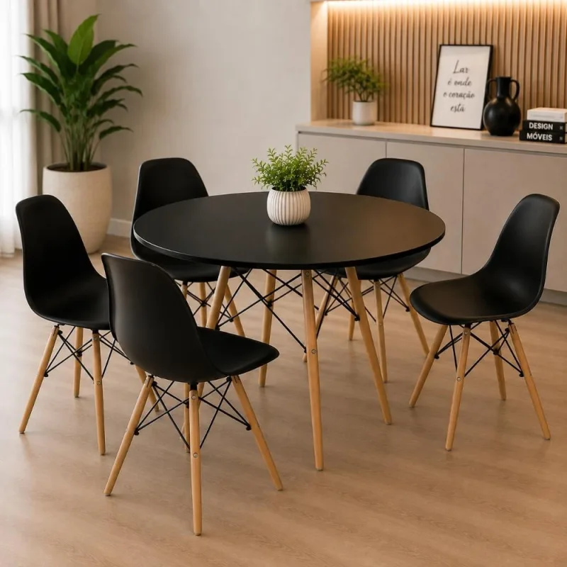 Conjunto de Mesa de Jantar Eames Eiffel Redonda 100cm Tampo de Madeira Preto com 5 Cadeiras Pretas - Decoreshop