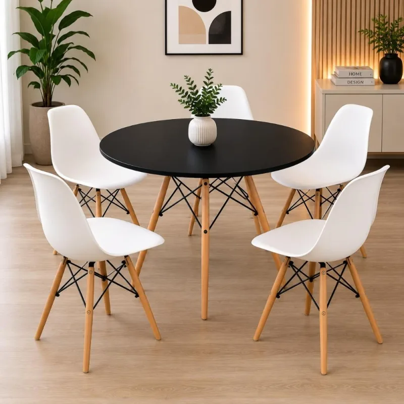 Conjunto Mesa  100cm Eiffel Preta + 5 Cadeiras Eiffel Brancas - Decoreshop