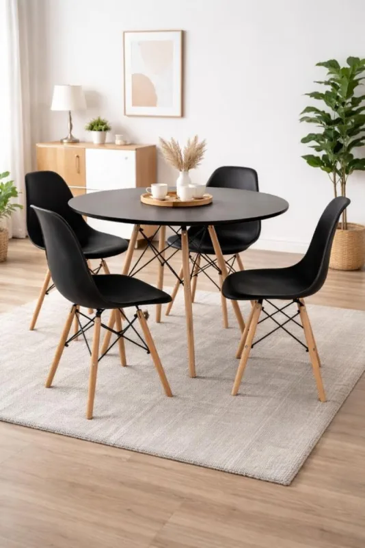Conjunto de Mesa de Jantar Eames Eiffel Redonda 110cm com 4 Cadeiras Pretas - Decoreshop - Móveis