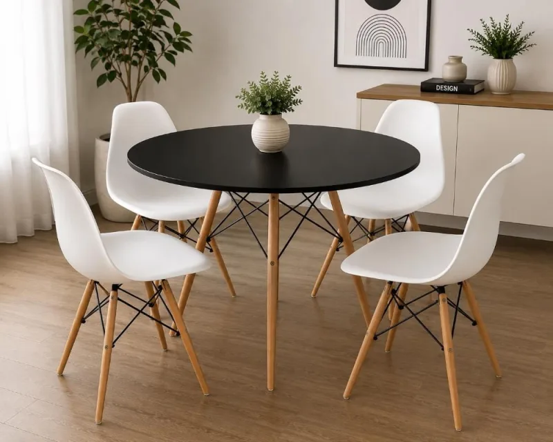 Conjunto Mesa de Jantar Eiffel Redonda 110cm Preto com 4 Cadeiras Brancas - Decoreshop - Móveis