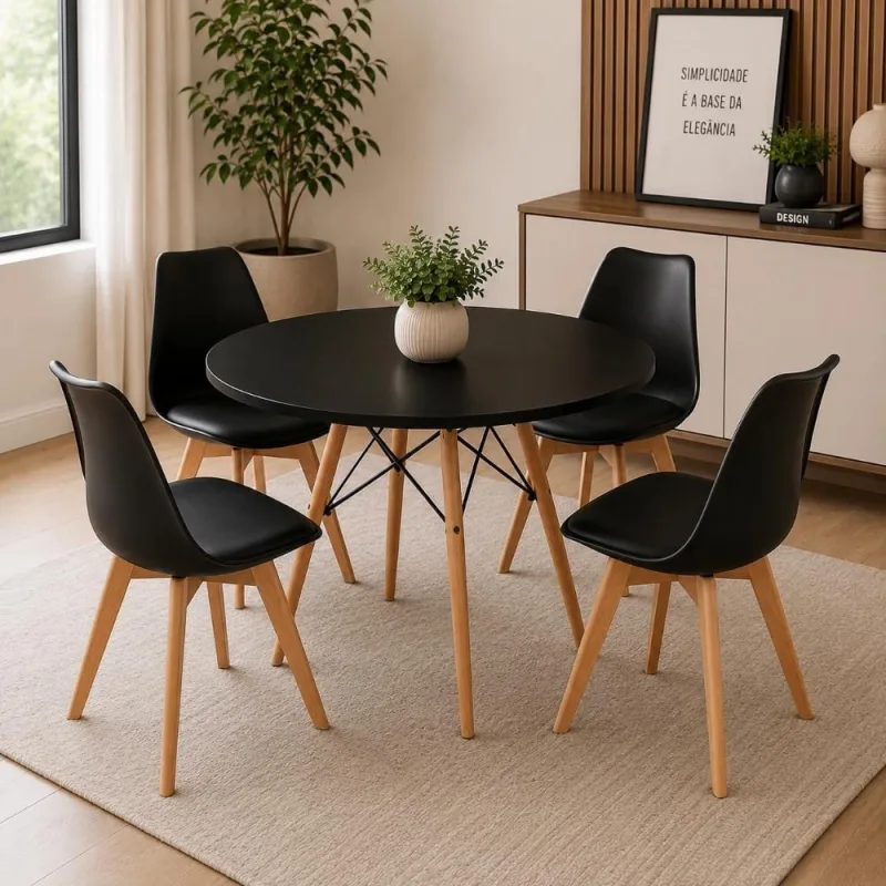 Mesa Eiffel Redonda Preta 100 Cm + 4 Cadeiras Leda  Preta - Decoreshop - Móveis