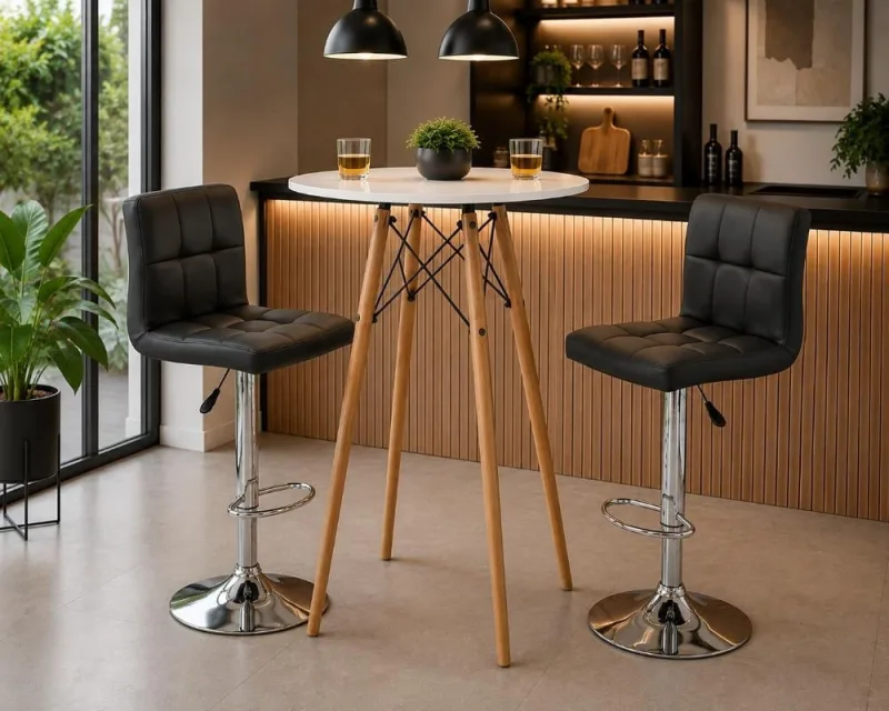 Kit Bistrô Mesa Alta 60x60 Branca + 2 Banquetas Gomos Pretas - Decoreshop - Móveis