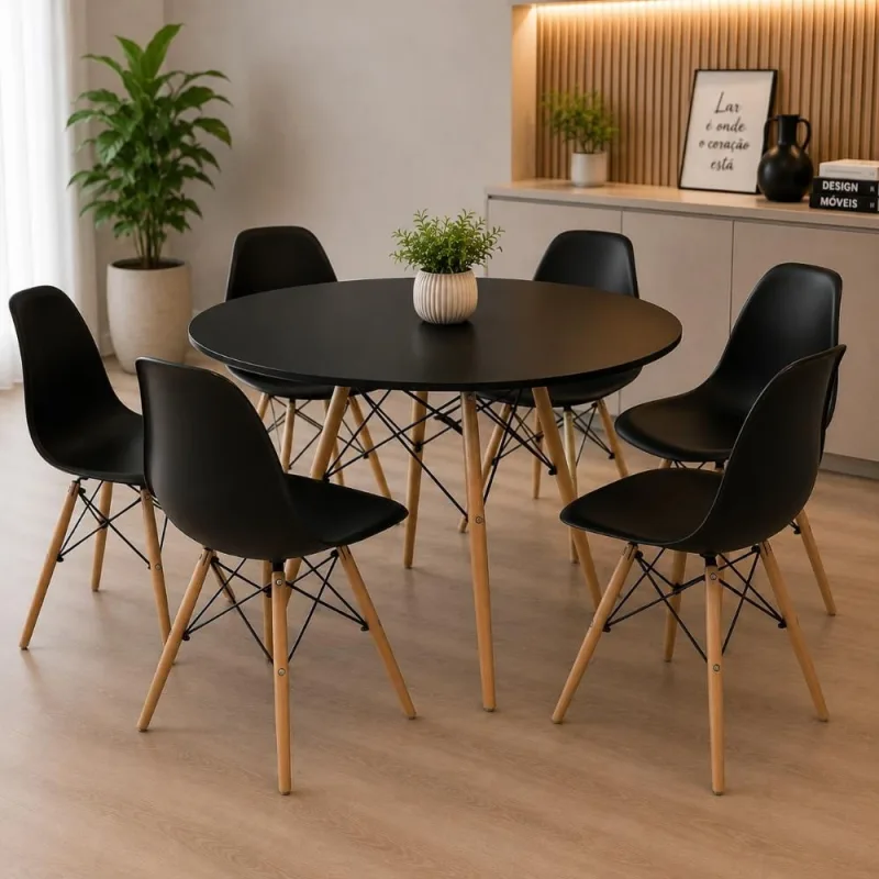 Conjunto Mesa Eames Eiffel 100cm com 6 Cadeiras Pretas - Decoreshop - Móveis