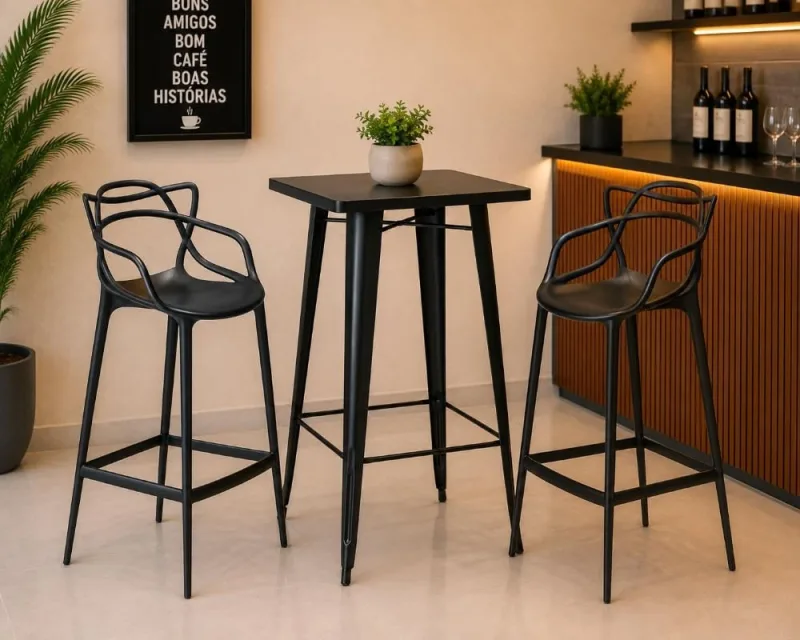 Mesa Bistrô Tolix 60x60 + 2 Banquetas Allegra Pretas - Decoreshop