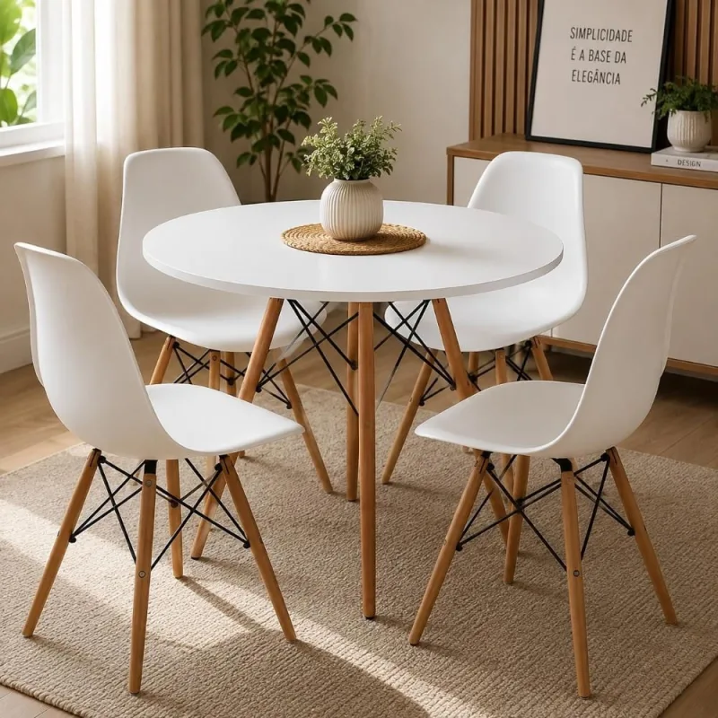 Conjunto de Jantar Eiffel Redonda 110 cm + 4 Cadeiras Brancas - Decoreshop