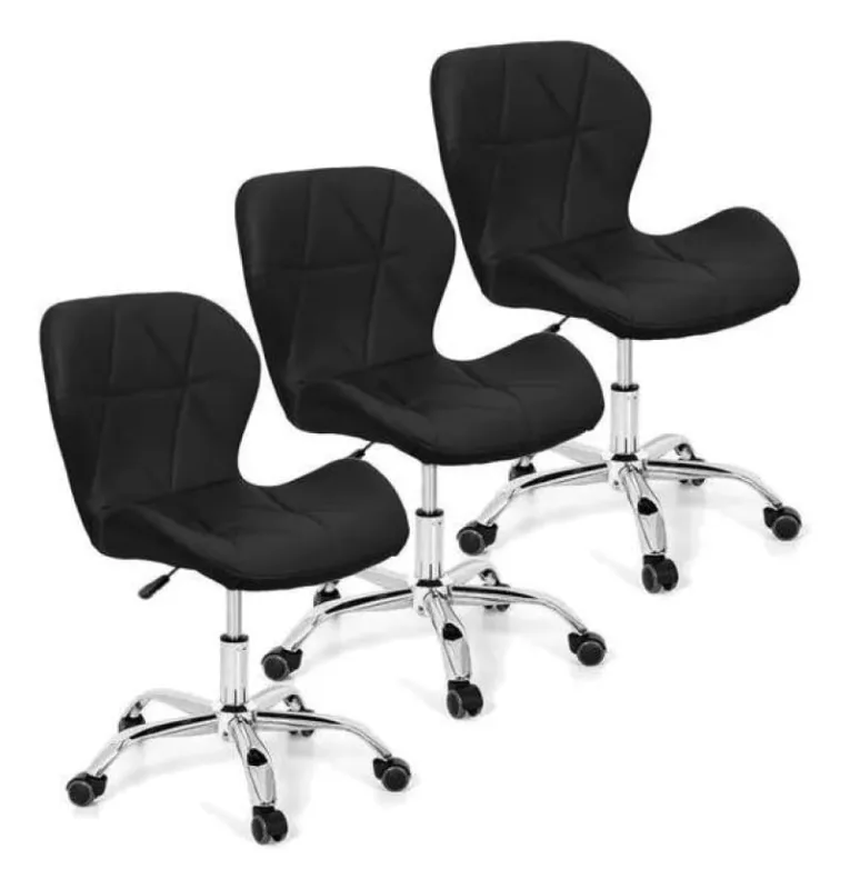 Kit  3 Cadeira Slim Office Estofada Regulável com Rodízios Preta - Decoreshop - Móveis