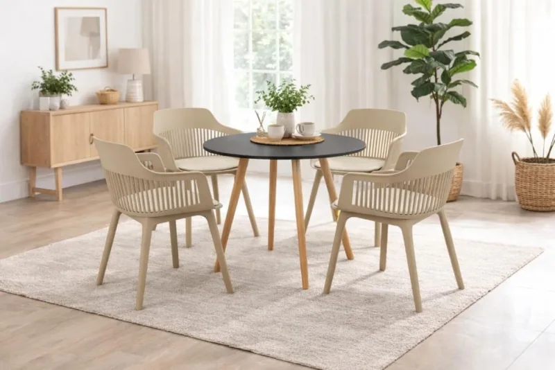 Conjunto de Jantar Mesa Leda Preto 90cm + 4 Cadeiras Marcela Nude - Decoreshop - Móveis