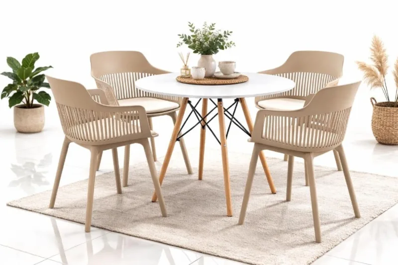 Mesa de Jantar Eiffel Branco 90cm + 4 Cadeiras Marcela Nude - Decoreshop