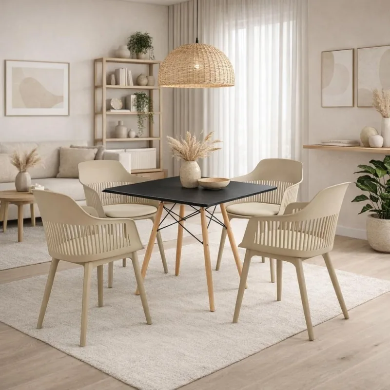 Mesa Eiffel Quadrada 90cm Preta + 4 Cadeiras Marcela Nude - Decoreshop