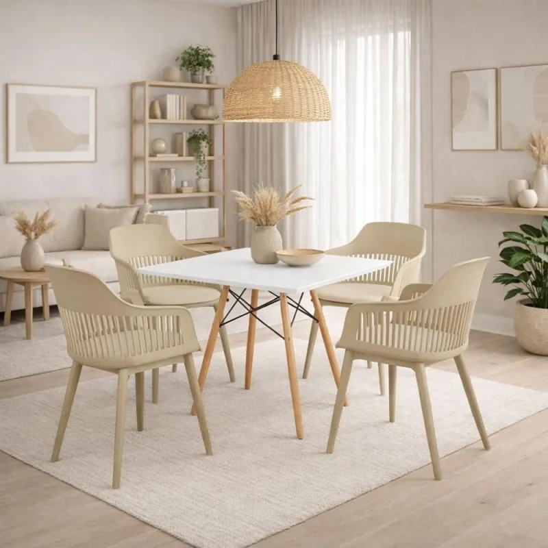 Mesa de Jantar Quadrada Branco 90cm com 4 Cadeiras Marcela Nude - Decoreshop