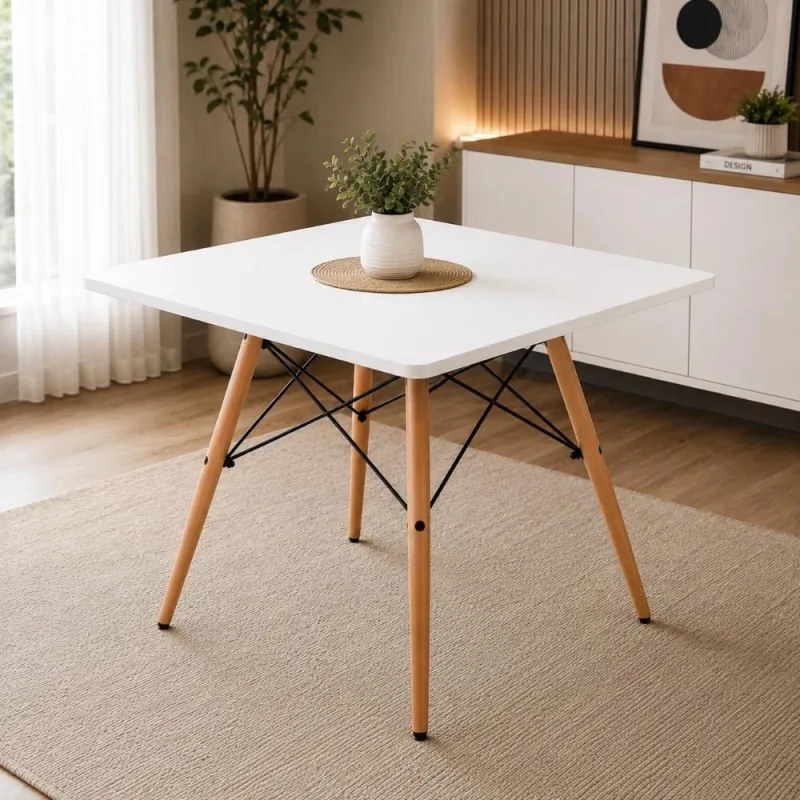 Mesa de Jantar Eiffel Branca Quadrada 90cm MDF Pés Madeira - Decoreshop - Móveis