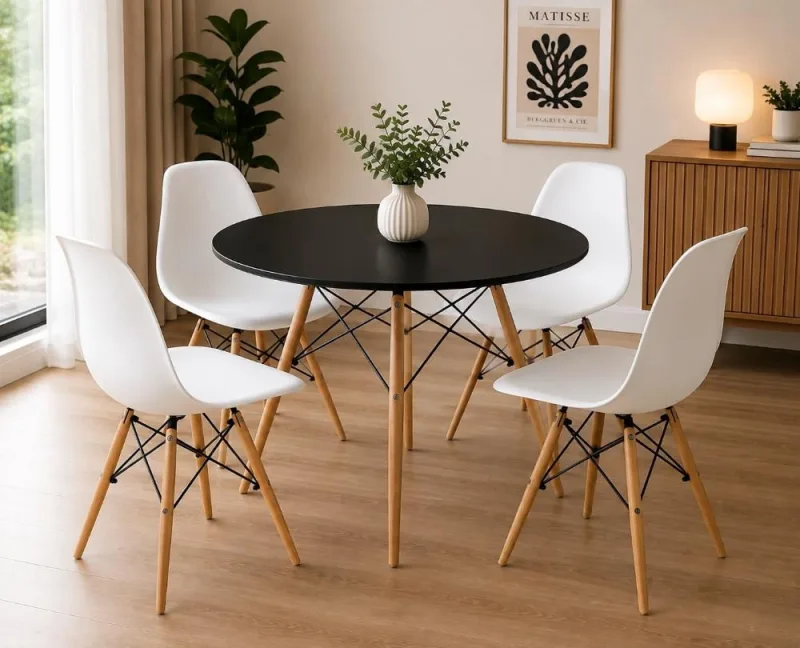 Conjunto Mesa Redonda 90 cm Preta + 4 Cadeiras Eiffel Branca - Decoreshop - Móveis